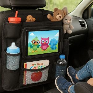 Car Backseat Organizer With Touch Screen Tablet Holder Multi Pocket Storage Bag Kick Mats For Kids Toddlers Road Trip
