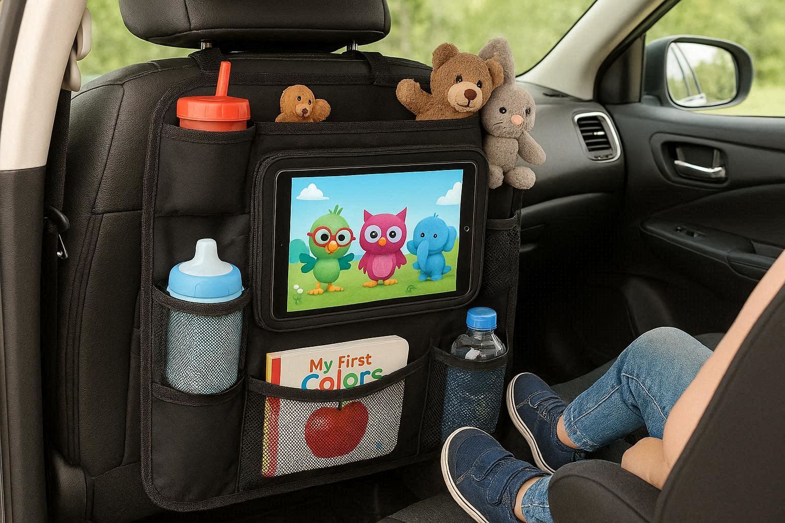 Car Backseat Organizer With Touch Screen Tablet Holder Multi Pocket Storage Bag Kick Mats For Kids Toddlers Road Trip