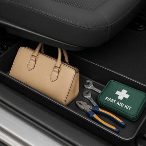 Under Seat Car Organizer Box Low Profile Hidden Storage Container Tray For Handbags Tools First Aid Kit Vehicle