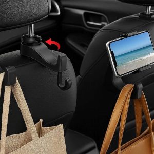 3-2.jpg Hidden Rotatable Car Headrest Hooks Universal Vehicle Back Seat Hanger With Phone Holder For Grocery Bags Purses Handbags